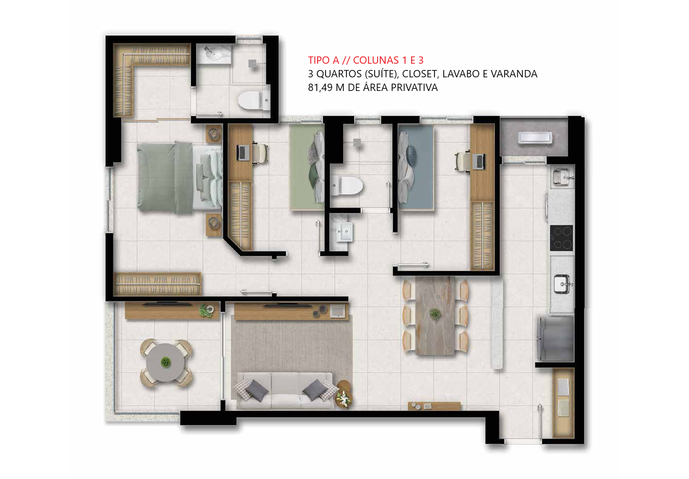 Planta Tipo A — 3 quartos com suíte, closet, lavabo e varanda