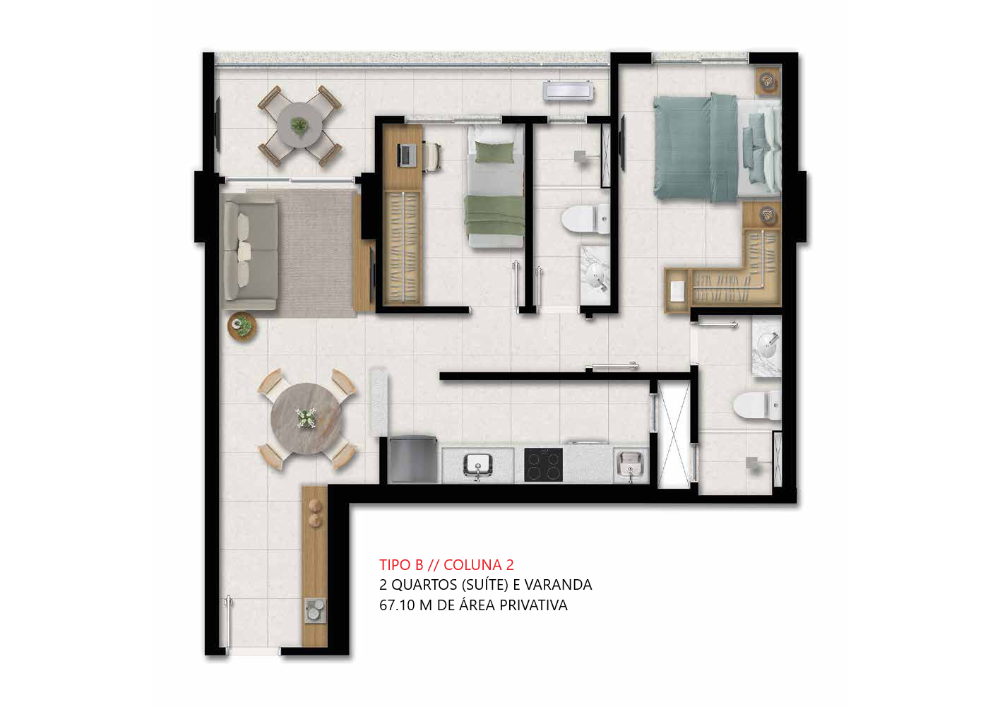 Planta Tipo B — 2 quartos com suíte e varanda