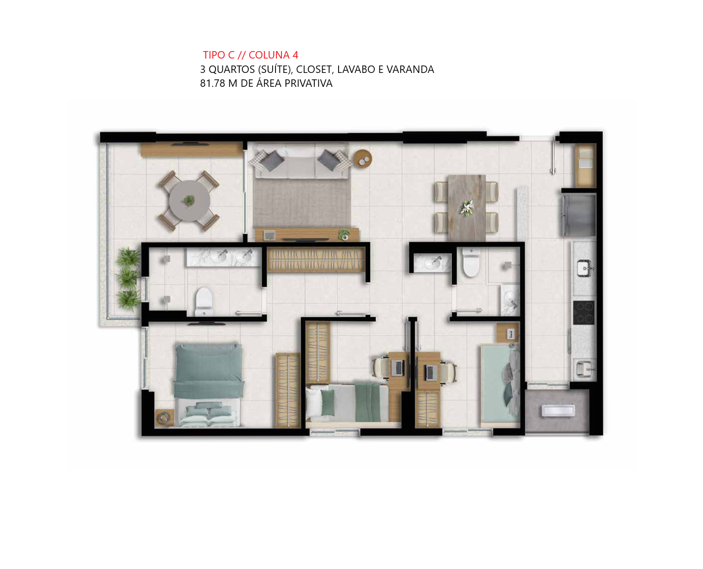 Planta Tipo C — 3 quartos com suíte, closet, lavabo e varanda