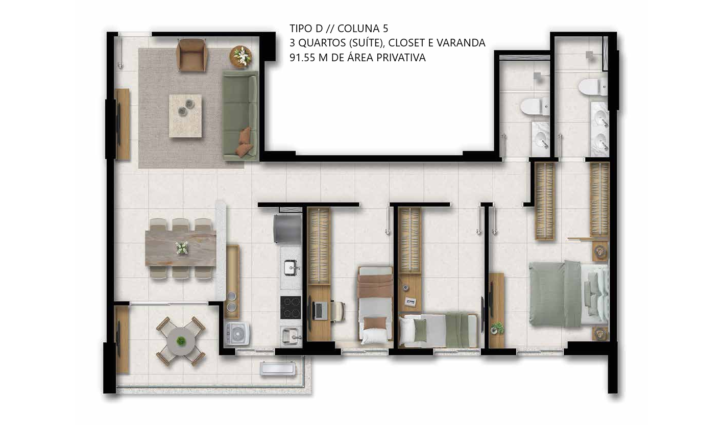 Planta Tipo D — 3 quartos com suíte, closet e varanda