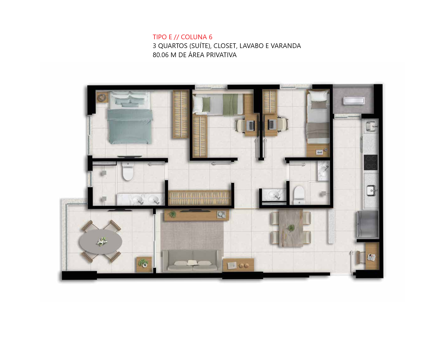 Planta Tipo E — 3 quartos com suíte, closet, lavabo e varanda